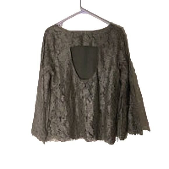 Chaser Gray Lace Eyelash Trim Cut Out Office Attire Formal Blouse Women SZ M - Picture 2 of 6